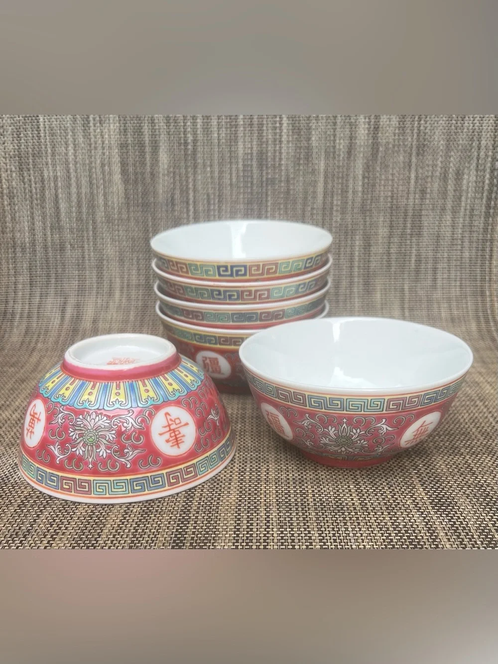 Mun Shou Longevity Red Porcelain Rice Bowls 5 1/2” Diameter 2 1/8